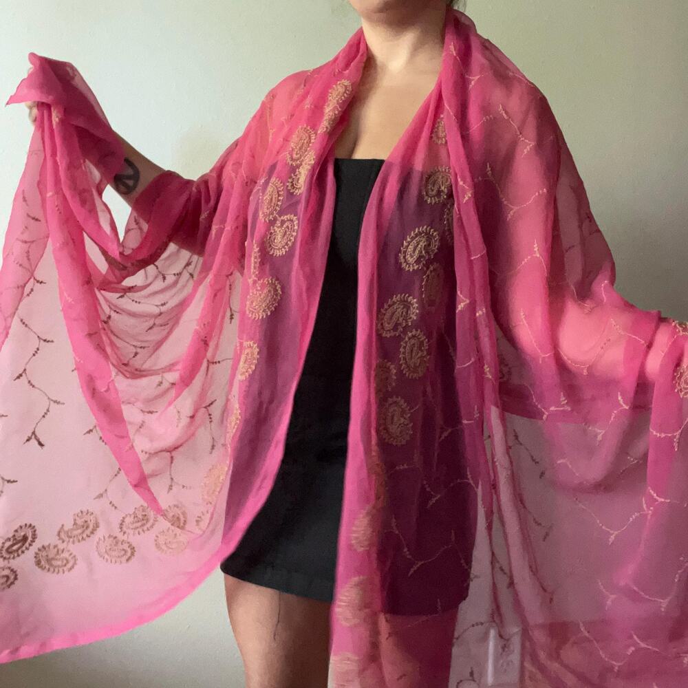 Y2K Pink sheer embroidered sari style scarf shawl wrap | whimsy fairy boho